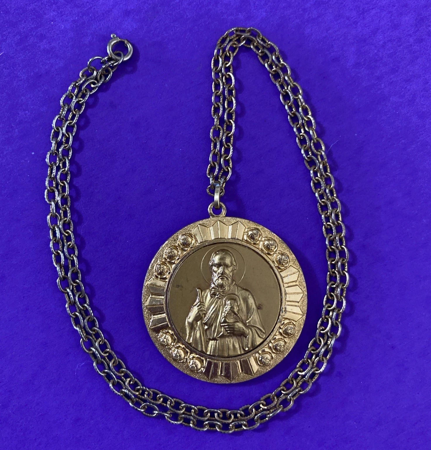 VTG St Jude, Jesus Pendant Necklace, Gold-Toned, Italy, Christianity