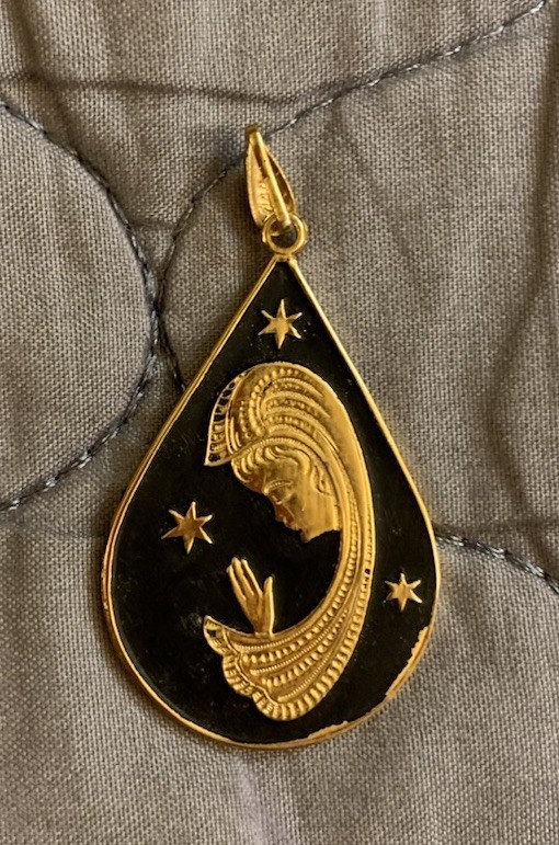 Gold Toned & Black Spanish Damascene Ave Maria Virgin Mary Charm/Pendant Vintage