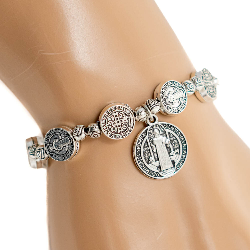 Saint St Benedict Medal Silver Rosary Bracelet Pulsera De Plata De San Benito
