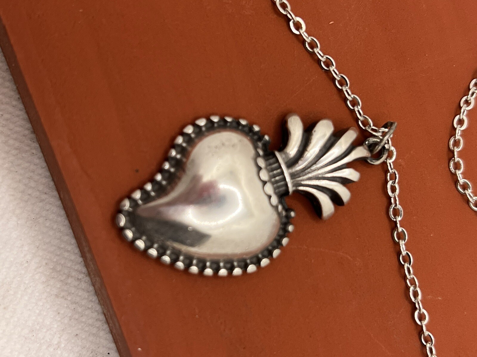 Vintage Miracros Silver Bath Metal Ex Vote Heart Necklace 4.5×2.5cm