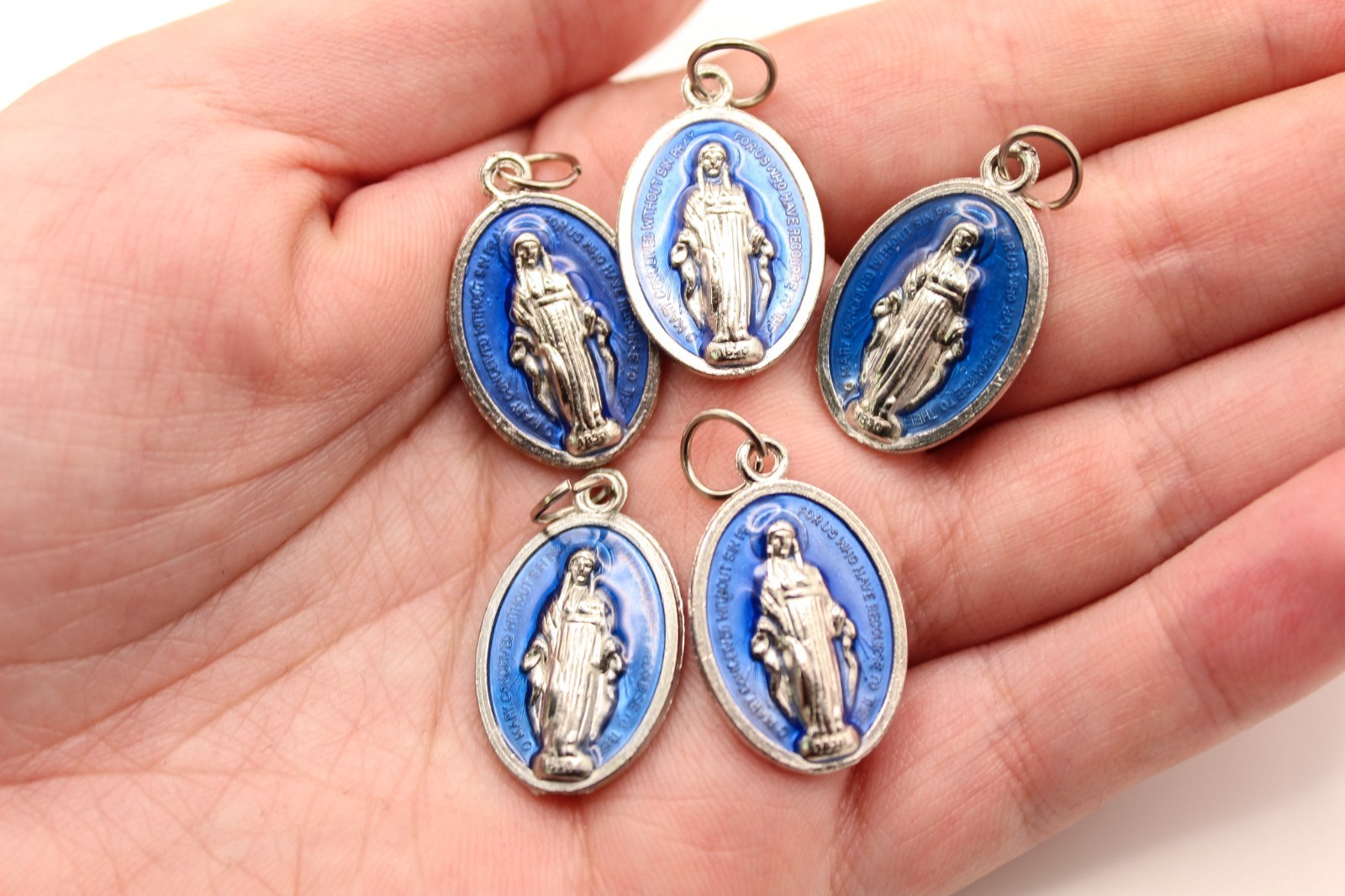 Zinc Alloy Blue Enamel Catholic Miraculous Medal w/ Jump Ring – Lot of 5