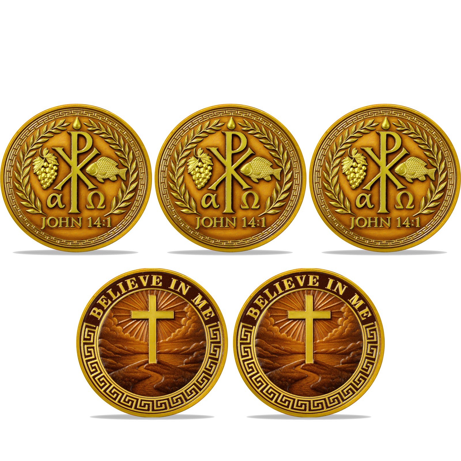 5pc Christian Challenge Coin – Chi Rho Alpha Omega John 14:1 Believe in Me Token