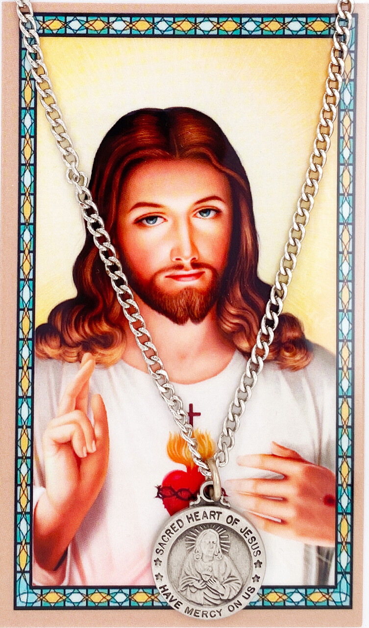 Pewter Sacred Heart Jesus 3/4-inch Medal Pendant w Morning Offering Prayer Card