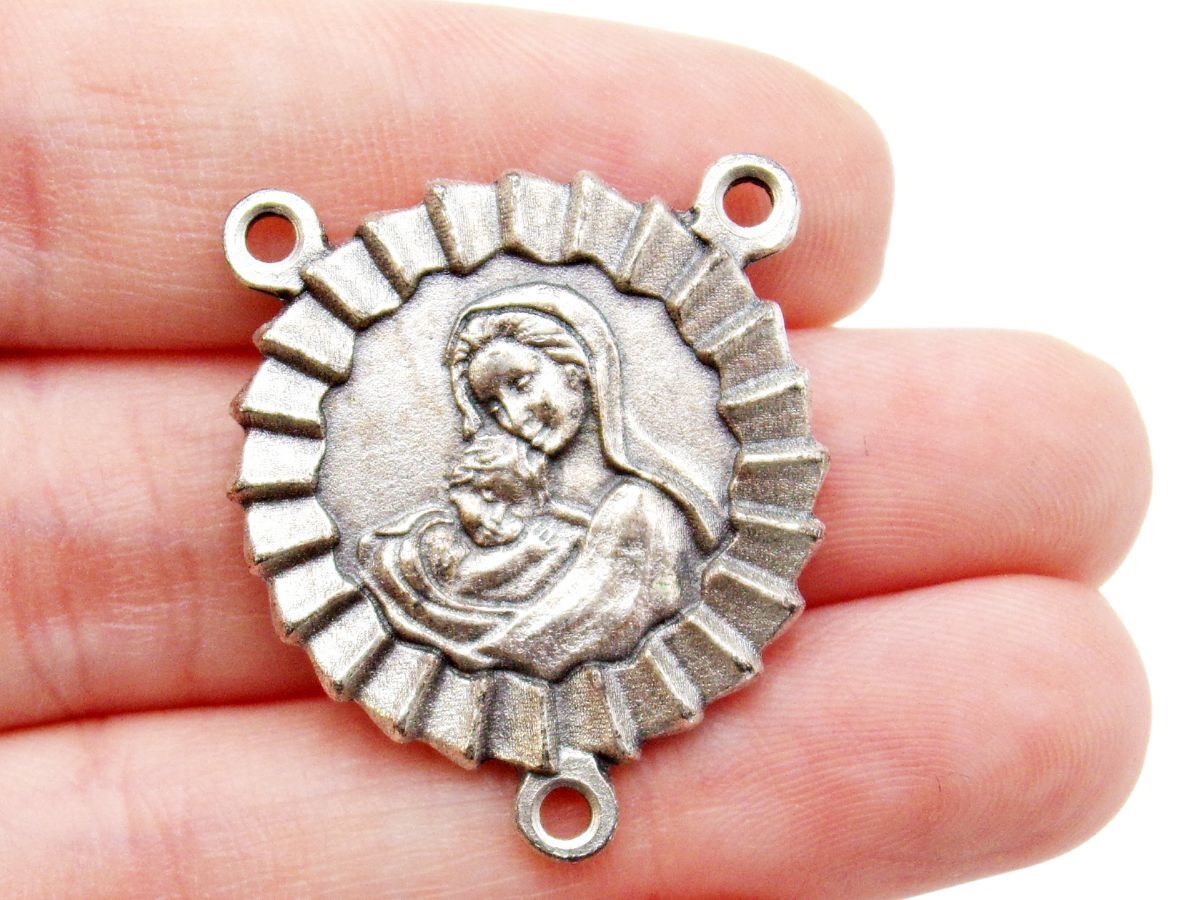 Silver Tone Lot of 3 Madonna and Child Ribbon Medal Rosary Centerpiece 1.25 In