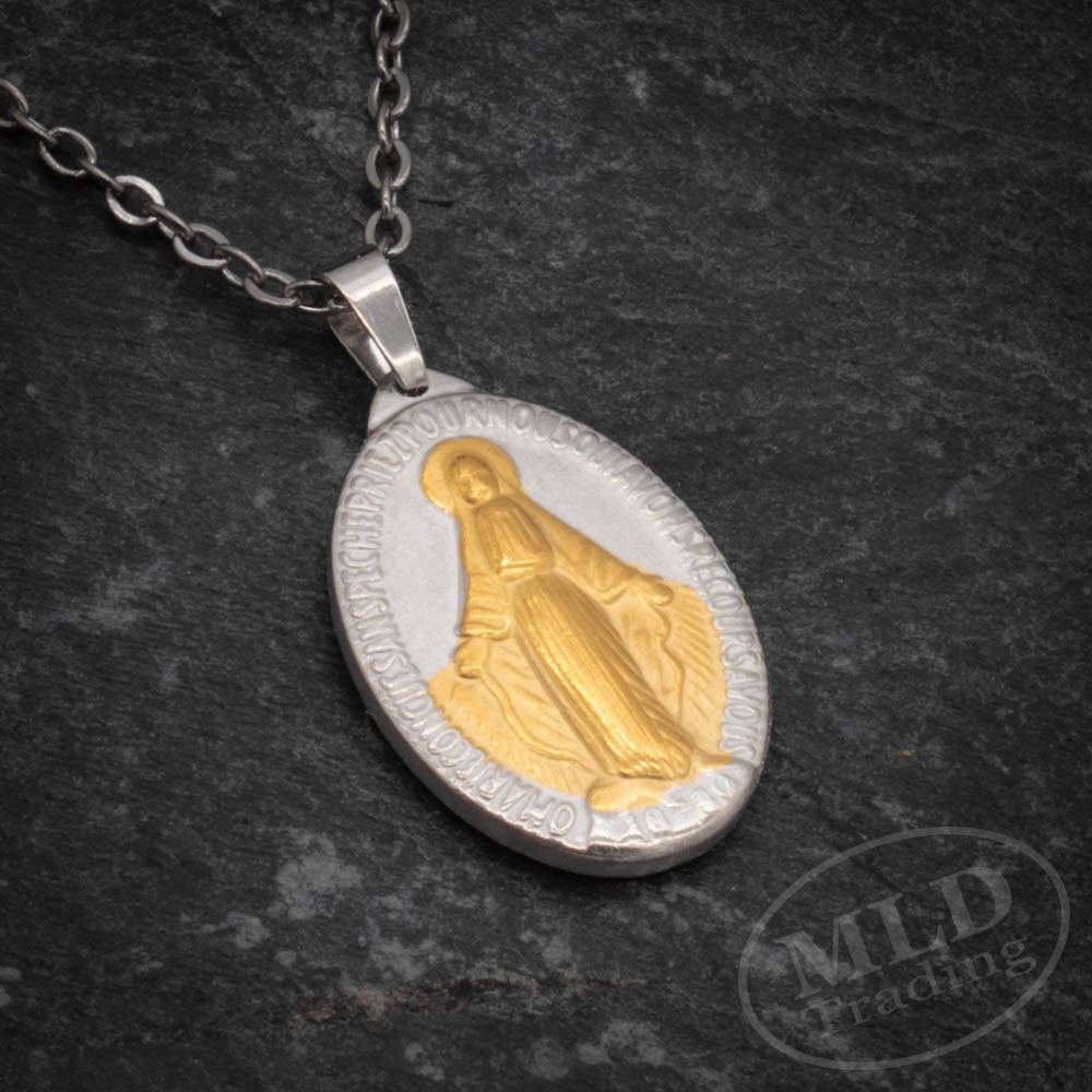 Silver & Gold Miraculous Medal Necklace – Stainless Steel Pendant 18″+2″ Chain