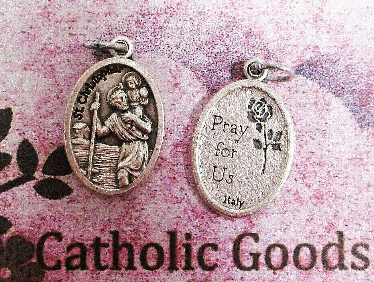 Saint St Christopher + Pray for Us – Ox Die Cast Silver Tone Italian 1″ Medal