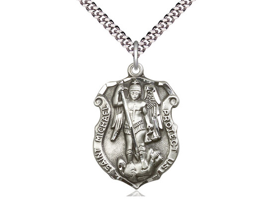 Pewter Saint Michael the Archangel Shield Medal Pendant Necklace 24″ Chain Gift