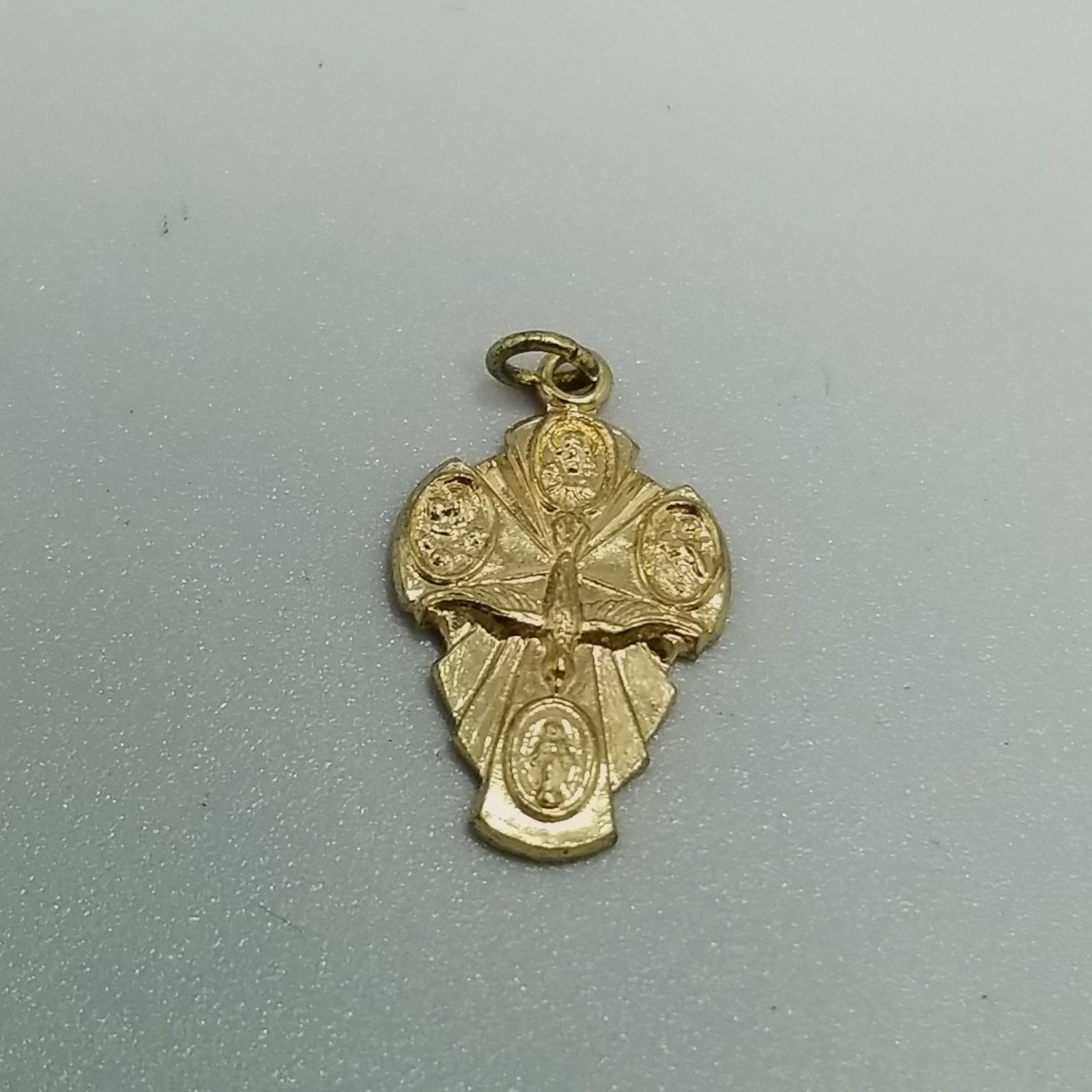 Vintage Small Four Way Saint Cross Pendant Medal Charm Gold Tone Pray for Us