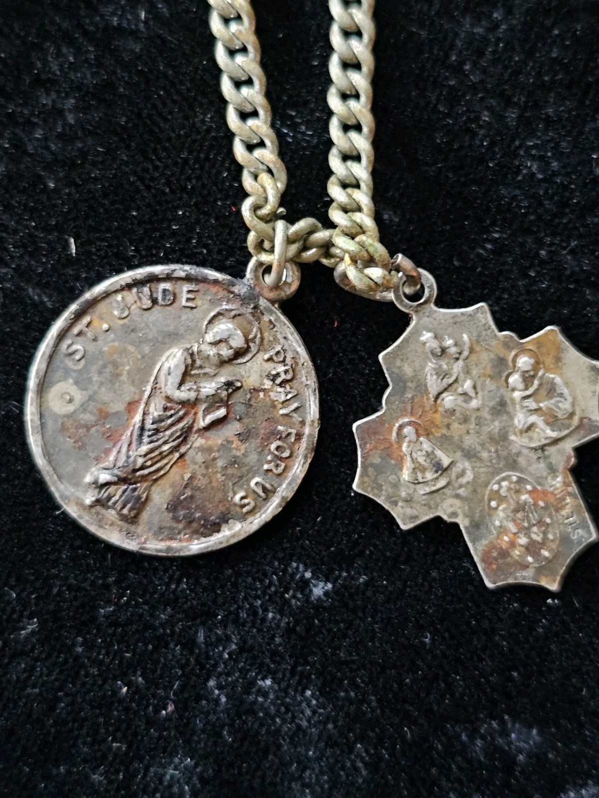 Vtg Sterling Silver .925 Catholic 4Way Protection Cross Pendant St Jude On Chain