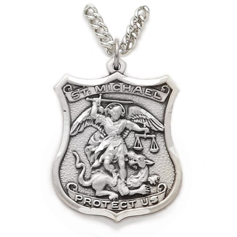 Men’s Antiqued Sterling Silver Saint Michael The Archangel Shield Medal Necklace