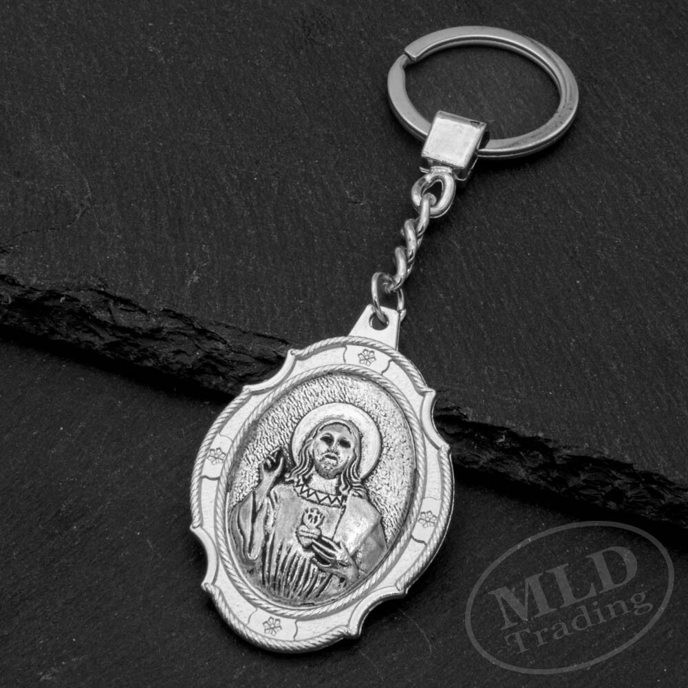 Sacred Heart Medal Keychain Large Silver Pendant Zinc Alloy Religious Key Ring