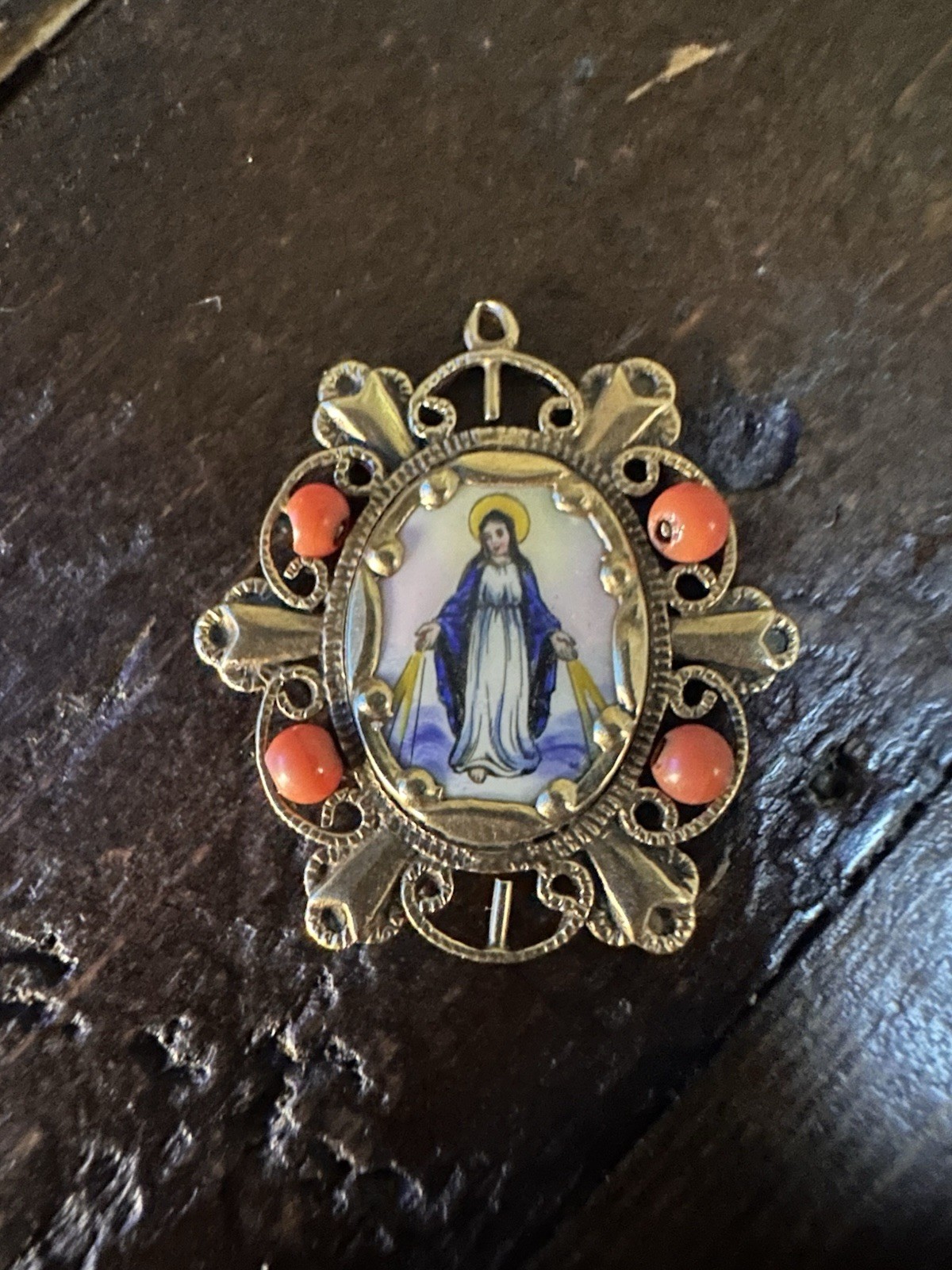 Vintage 10K Gold Miraculous Medal Pendant Enamel Religious Coral? 3g Tested