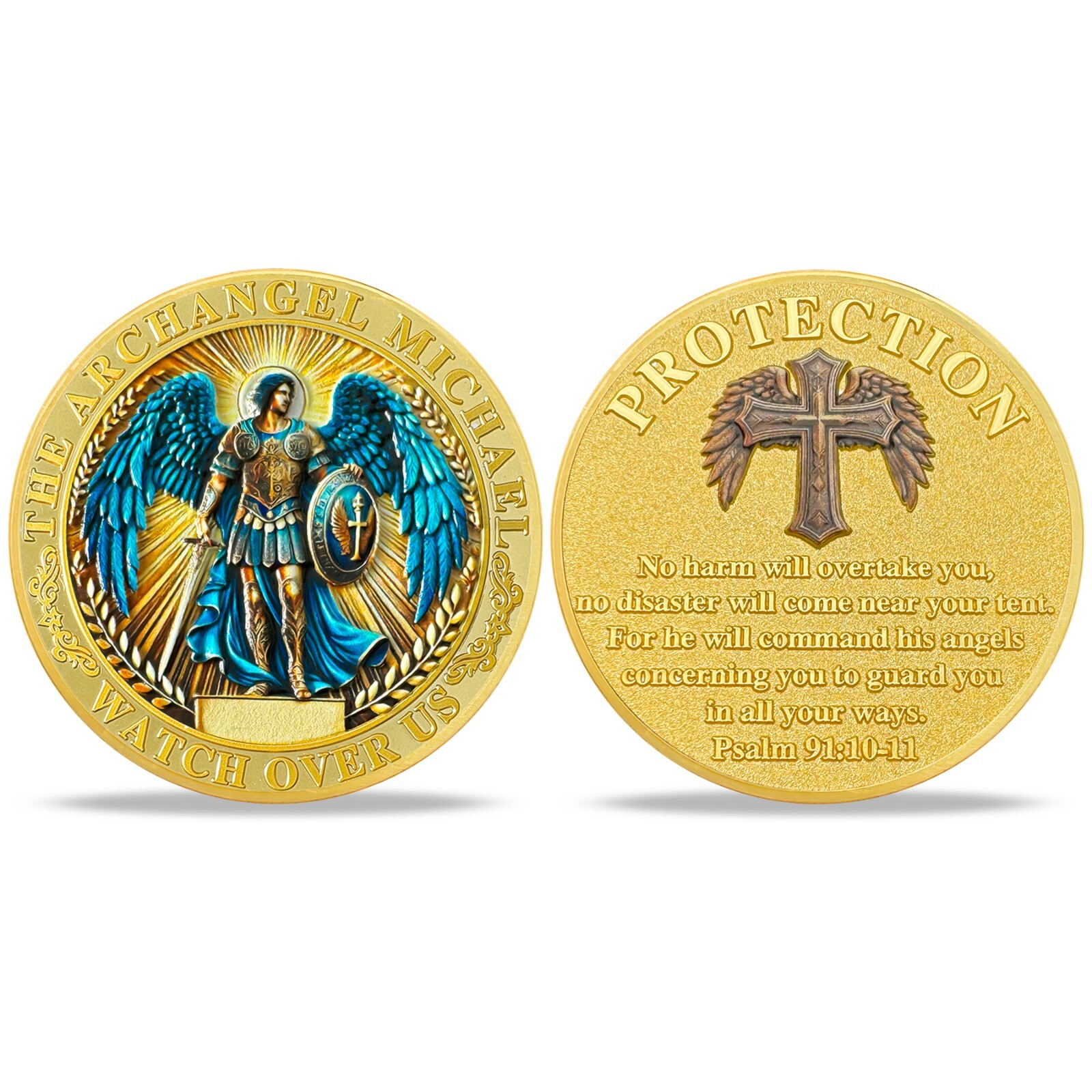 10pcs St Michael Archangel Prayer Coin Shield of Faith Psalm 91:10-11 Verse Coin