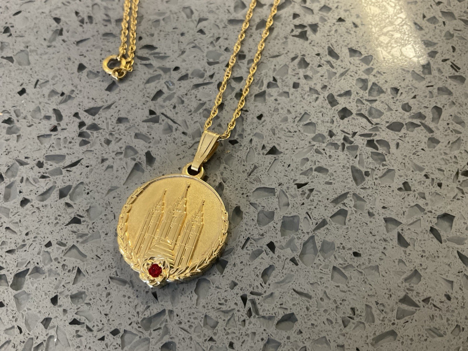 LDS Young Women Temple Medallion Red Stone 12K GF Chain