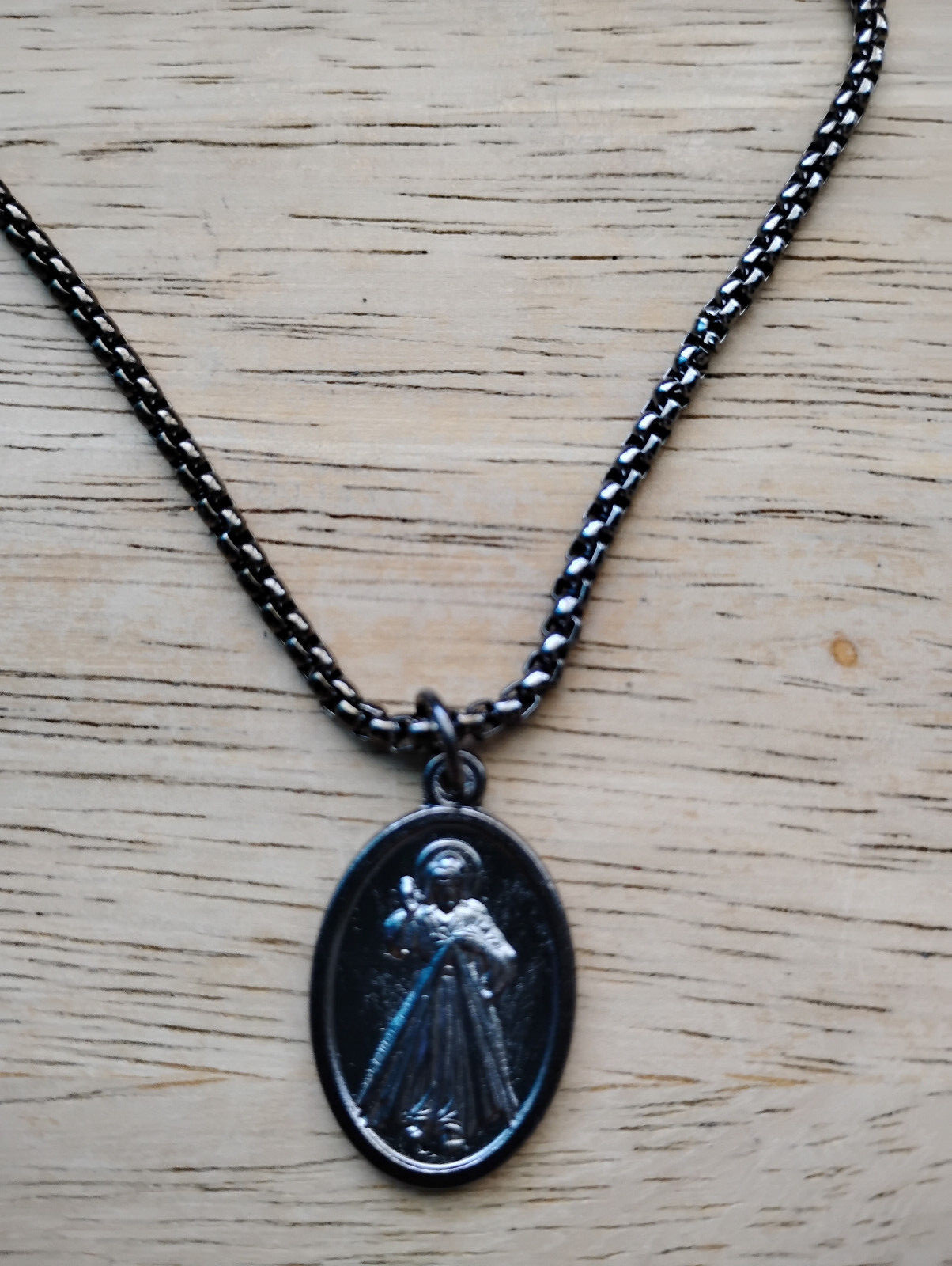 Black gunmetal JESUS DIVINE MERCY MEDAL Stainless steel rolo box chain necklace