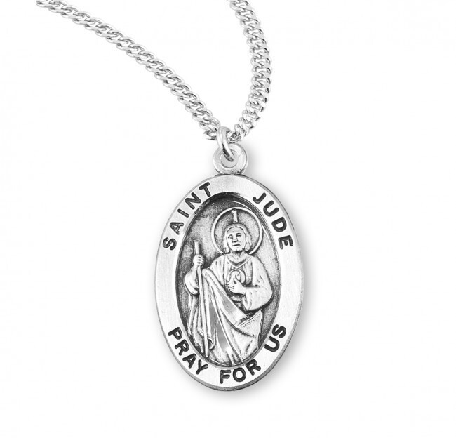 St. Jude Sterling Silver Oval 1.1″ Medal, Gift Box, 24″ Chain, US Made
