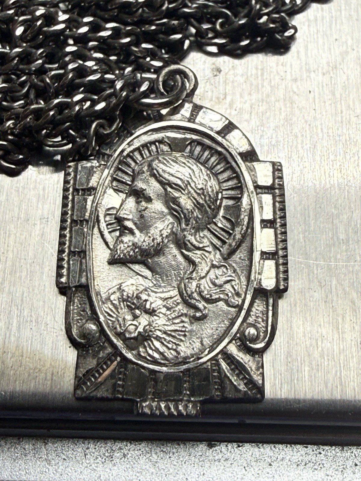 Vintage AFCO Sterling Silver 28” Necklace Sacred Heart of Jesus medal pendant