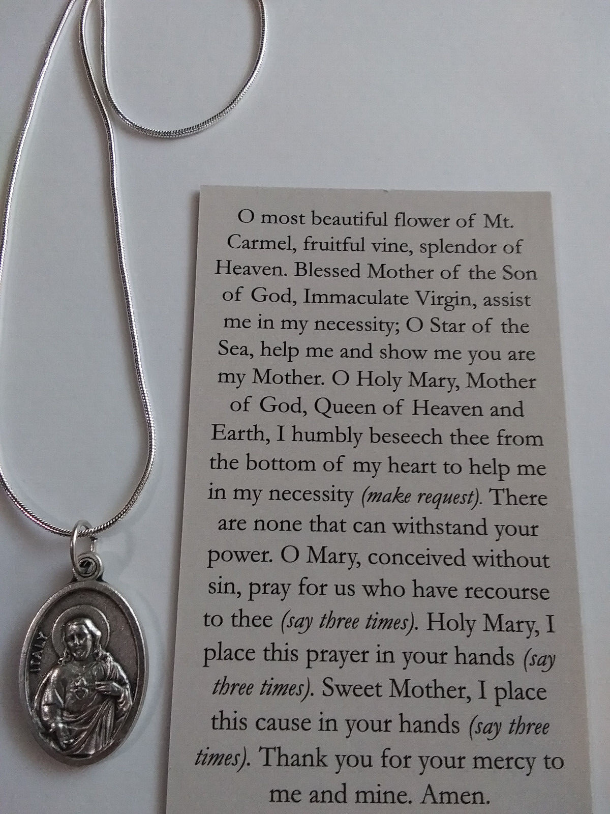 Our Lady Mt Carmel Sacred Heart Jesus Medal necklace 925 sterling silver & card