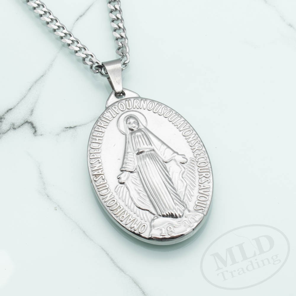 Stainless Steel St Mary Miraculous Medal Pendant Necklace – 1-3/4″, 24” Chain