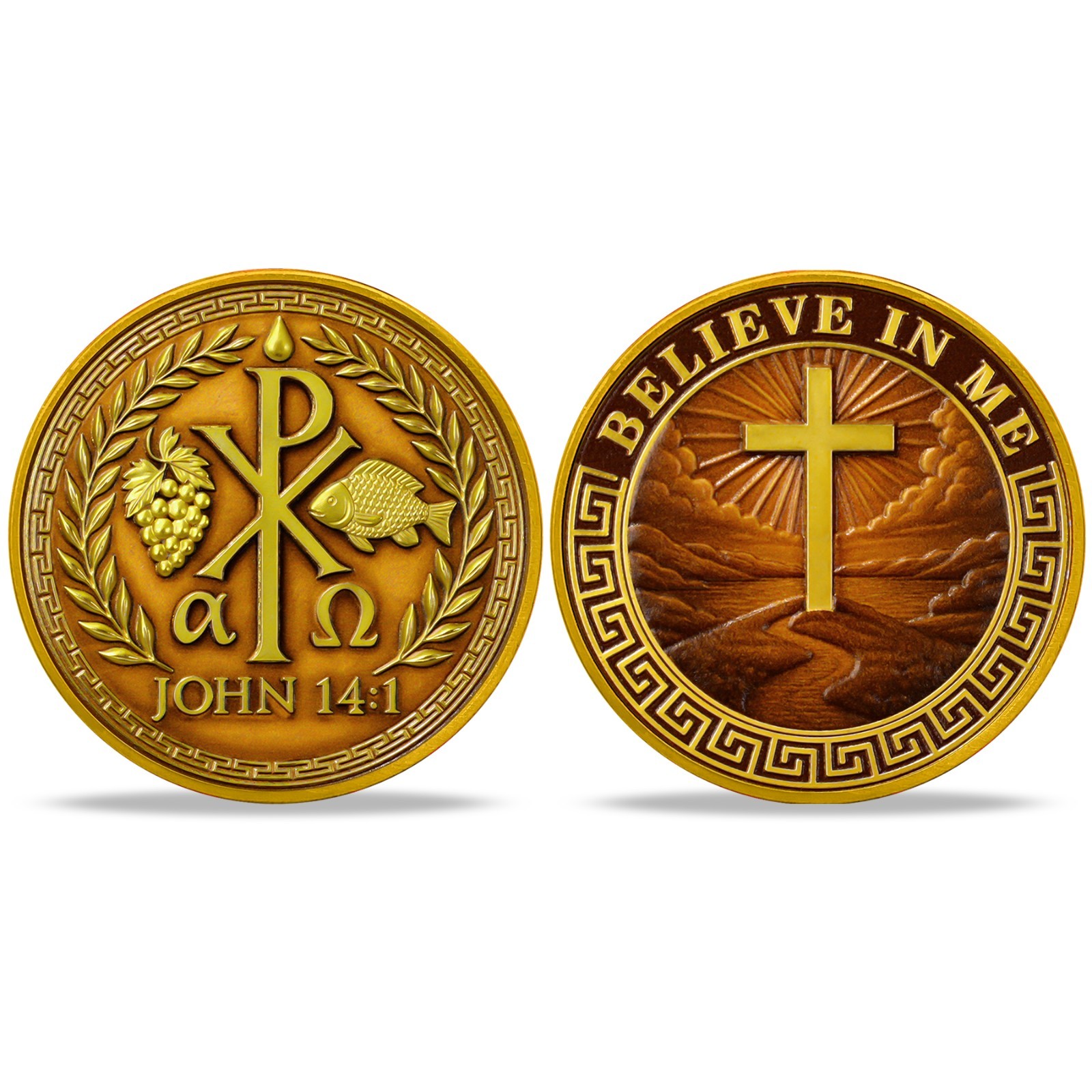 5pc Christian Challenge Coin – Chi Rho Alpha Omega John 14:1 Believe in Me Token