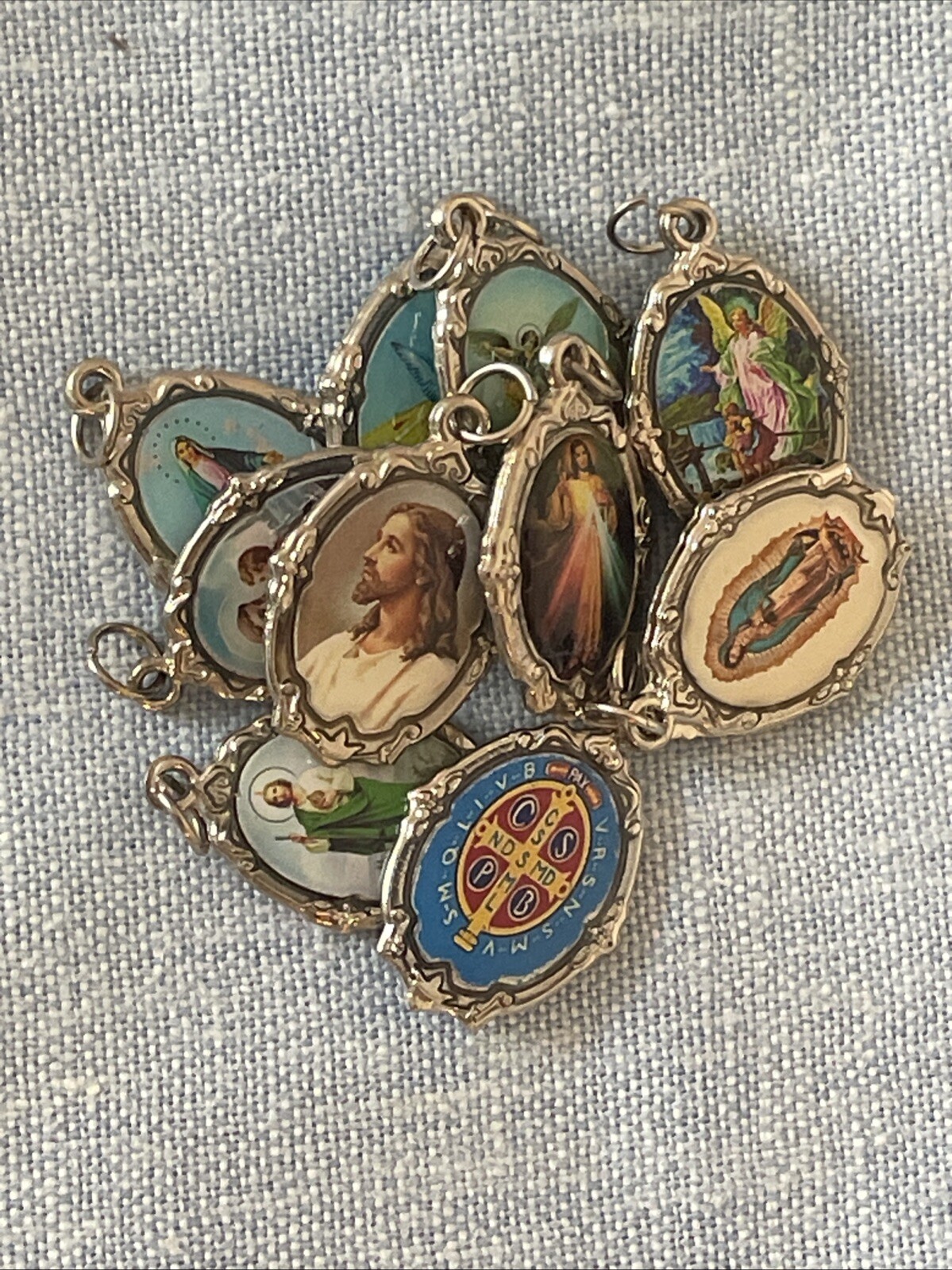 Lot of 10 Religious Medals Pendants Charms, Virgin Mary, Guardian Angel, Jesus,