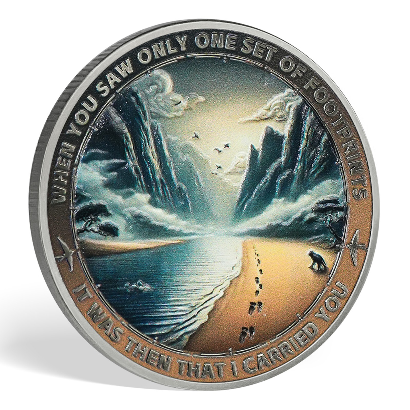 5pcs Christian Challenge Coin Footprints In The Sand Deuteronomy 31:8 Verse Coin