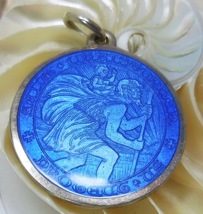 1″ Thomae Deep Sky Blue Enamel St. Christopher Surfer Medal Sterling Silver