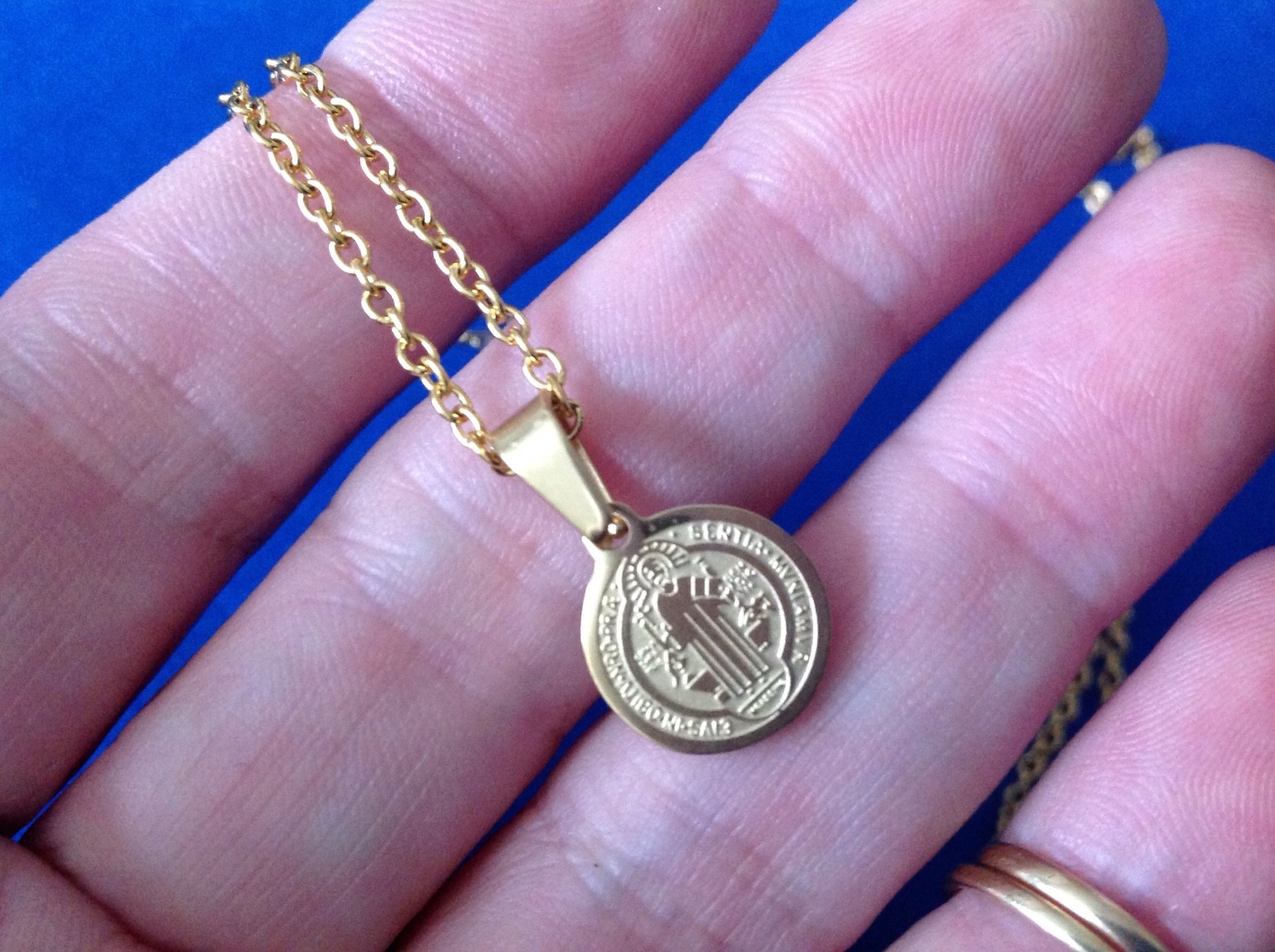 St BENEDICT NECKLACE Pendant Protection Saint Medal Gold Plt Stainless Steel 23”