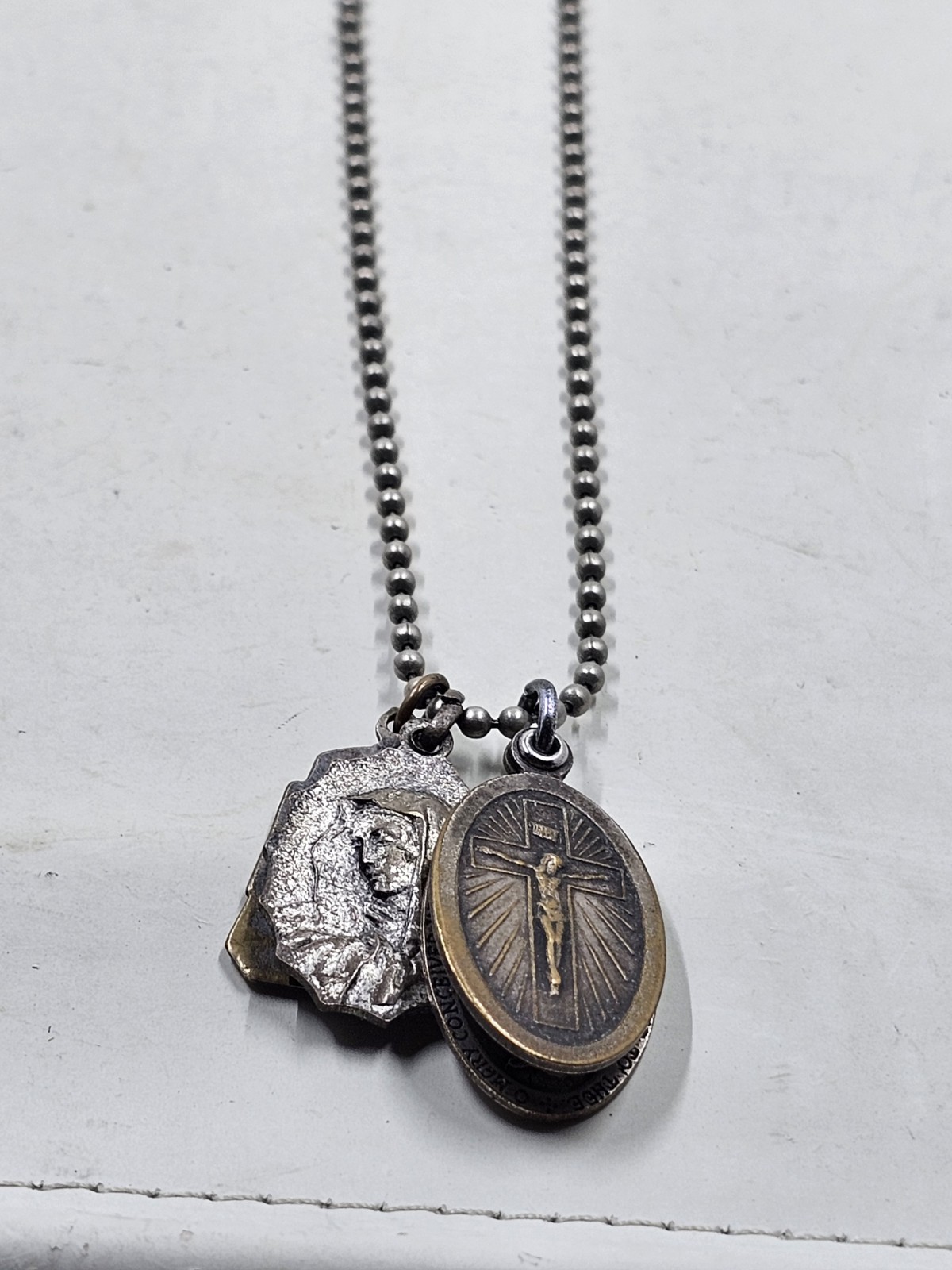 Vintage Catholic Miraculous Medal Crucifix Two Charm Ball Chain Necklace 24in