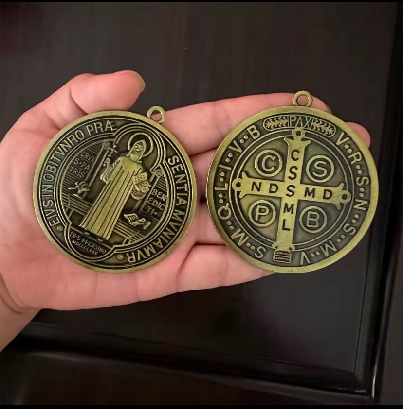TWO (2) Large St BENEDICT Medals 3” Protection Golden Medalla de San Benito