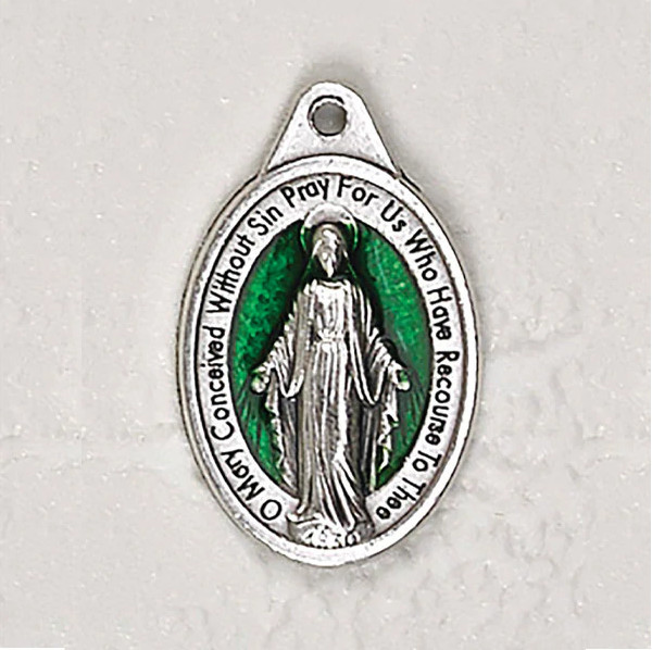 Miraculous Medal – 1 inch Oxidized Italian Silver Cast + Green Medal
