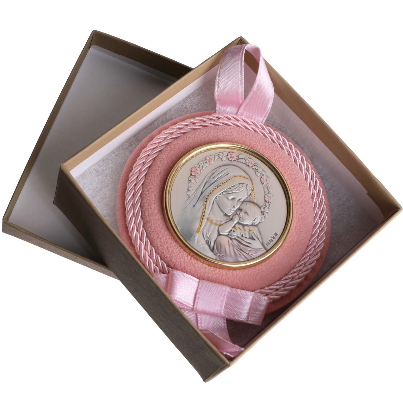Baby Girl Crib Medal Mary Child Icon With Pink Ribbon 3.25″ Catholic Gift Italy
