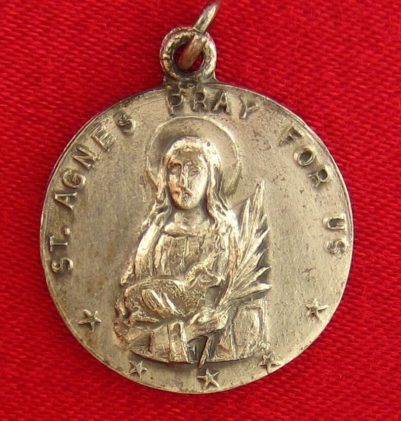 Vintage Sterling SAINT AGNES Medal Religious Catholic HOLDING LAMB HMH Pendant