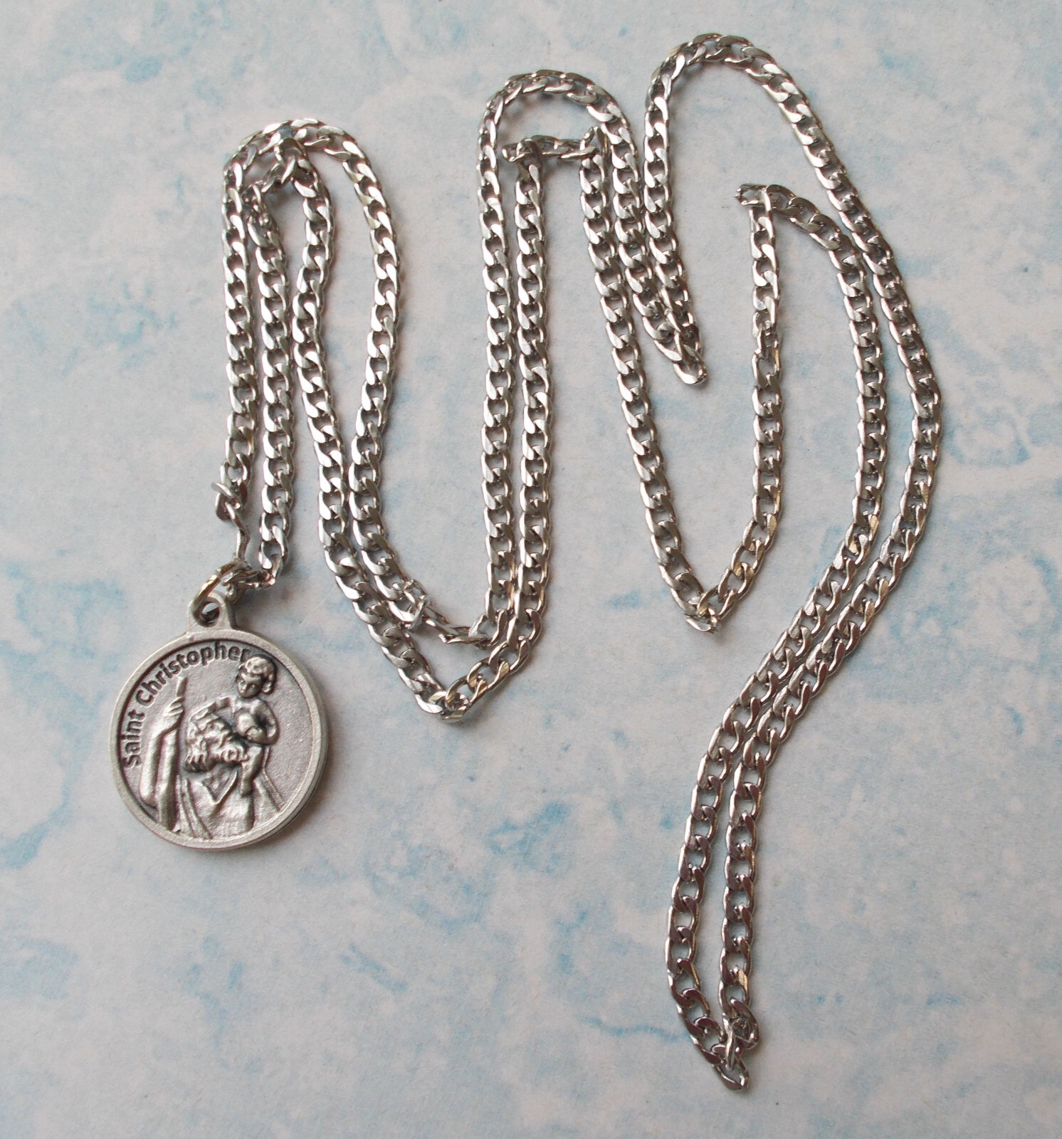 St Christopher Medal Pendant on endless 30″ stainless steel curb chain~Italy