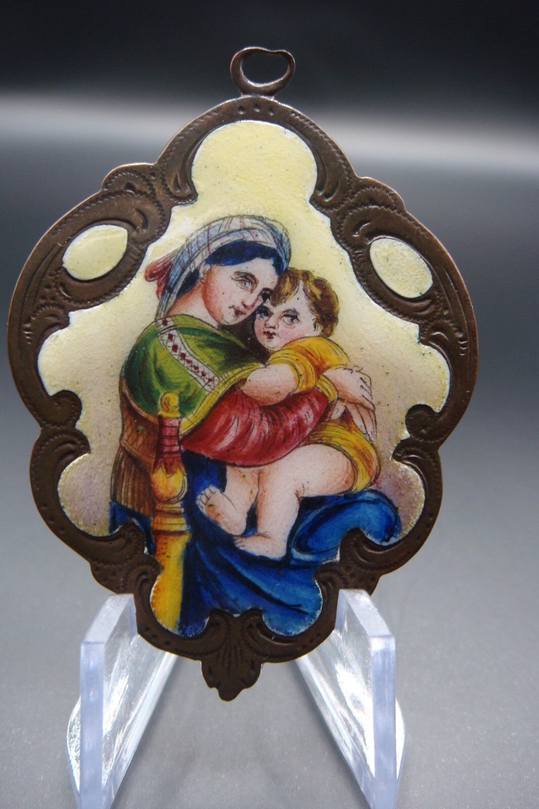 Rare Antique Virgin Mary Mater Dei Ora Pro Nobis Enamel Holy Icon Medal Pendant