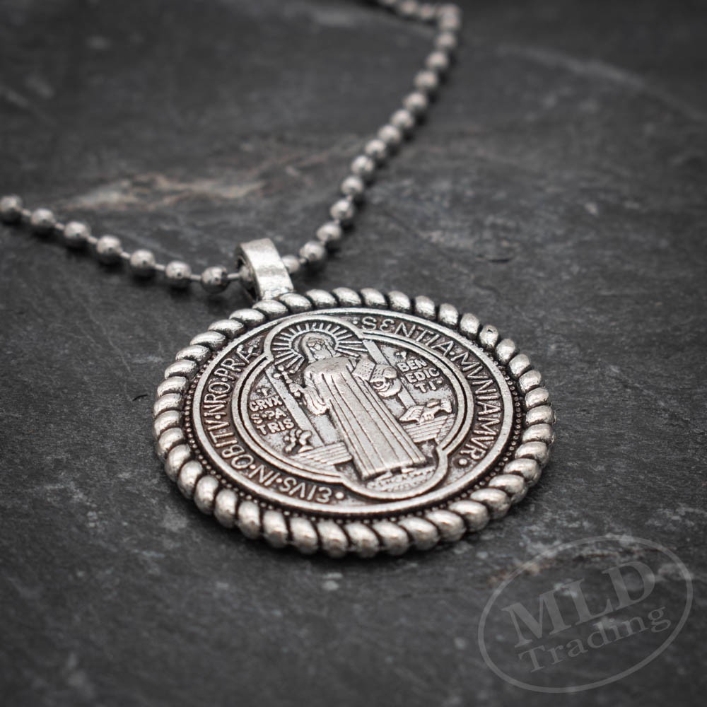 Saint Benedict Medal Necklace – Silver Tone Rope Border Pendant 24” Ball Chain