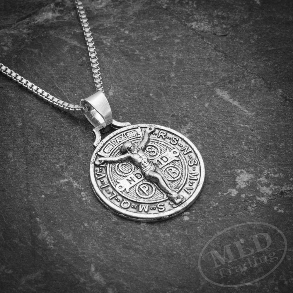 Jesus Crucifix Saint St Benedict Medal Cross Pendant Necklace 24″ Box Chain