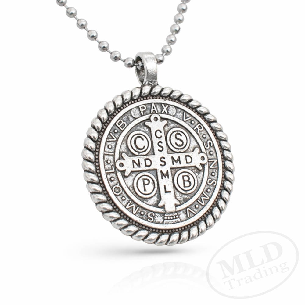 Saint Benedict Medal Necklace – Silver Tone Rope Border Pendant 24” Ball Chain