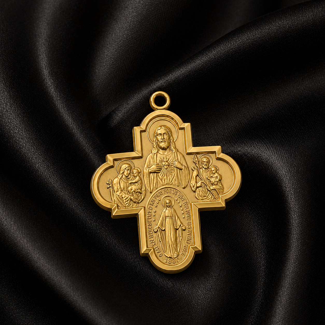 4-Way Cross Pendant Gold Plated Sterling Medals Necklace w/Brass Chain