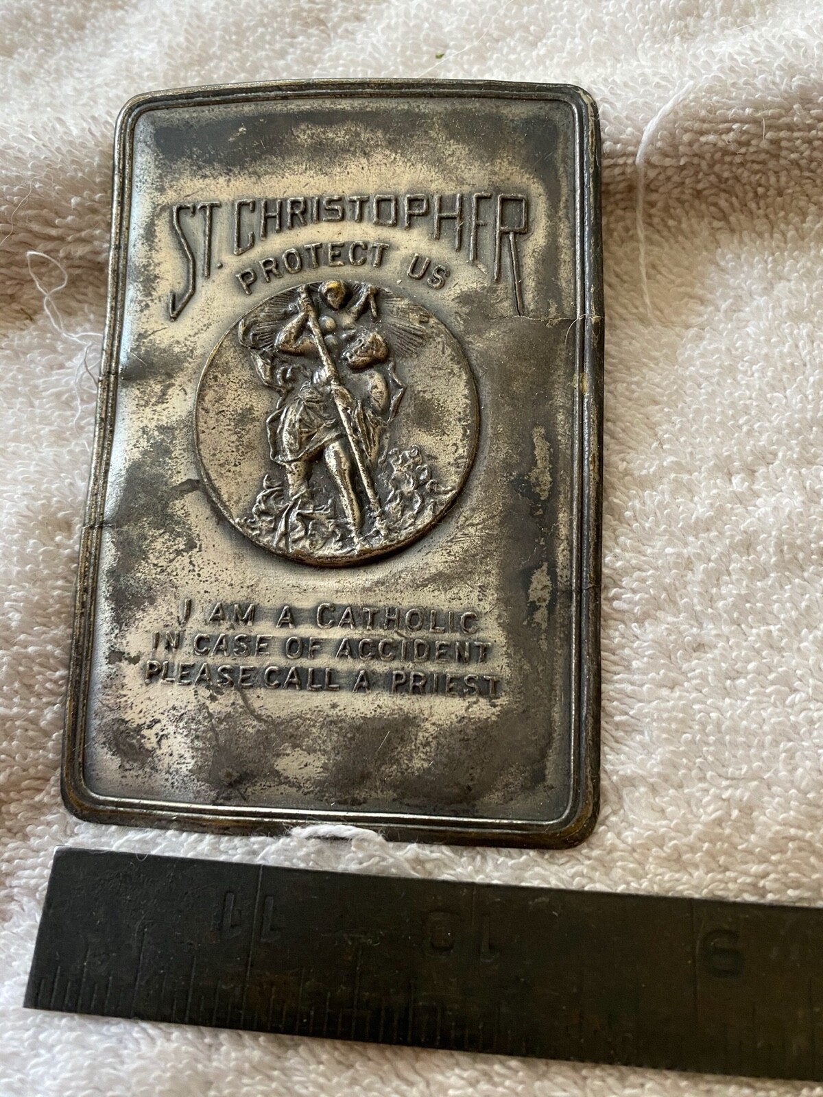 Vintage Saint Christopher Call a Priest Catholic Medal Plaque Classic Car
