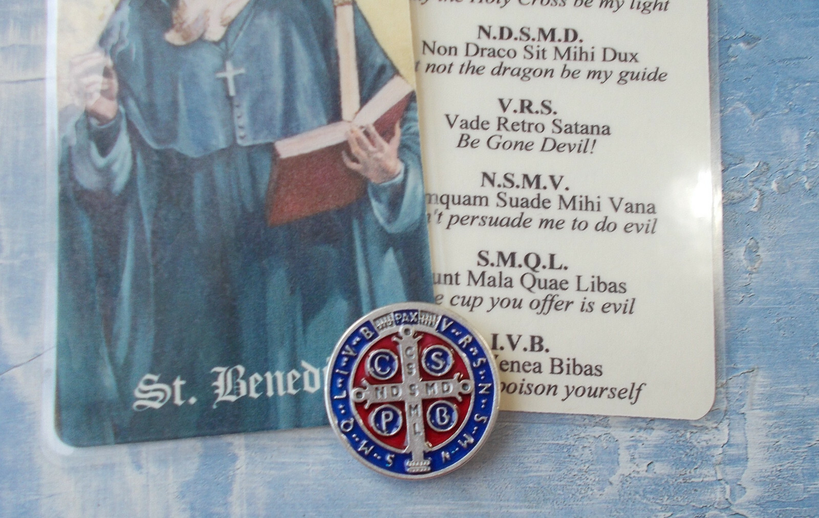 Rare St Benedict Pocket Token Protection 1-1/8″ Saint Medal ENAMEL Red/Blue