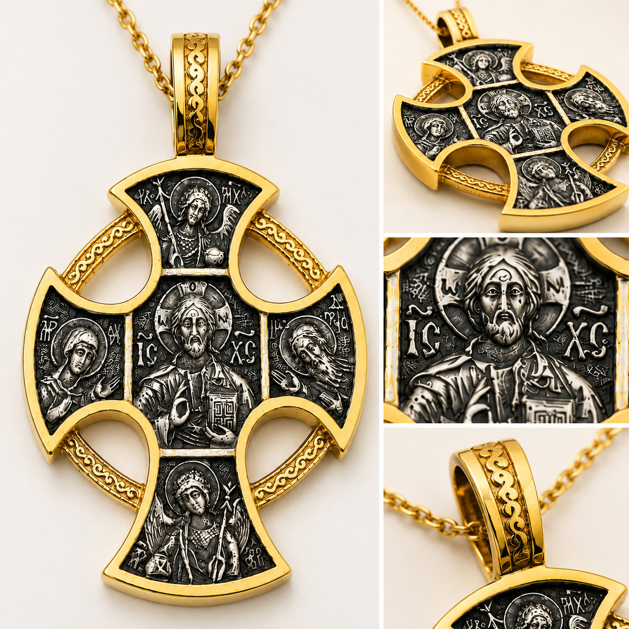 24kt Gold Plated Sterling Silver Diesis Archangels Icon Cross Pendant With Chain