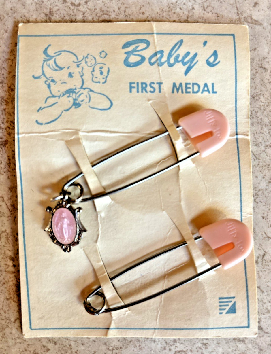 Vintage Baby’s First Medal Pink Silver Miraculous Mary Jiffy Lox Safety Pins