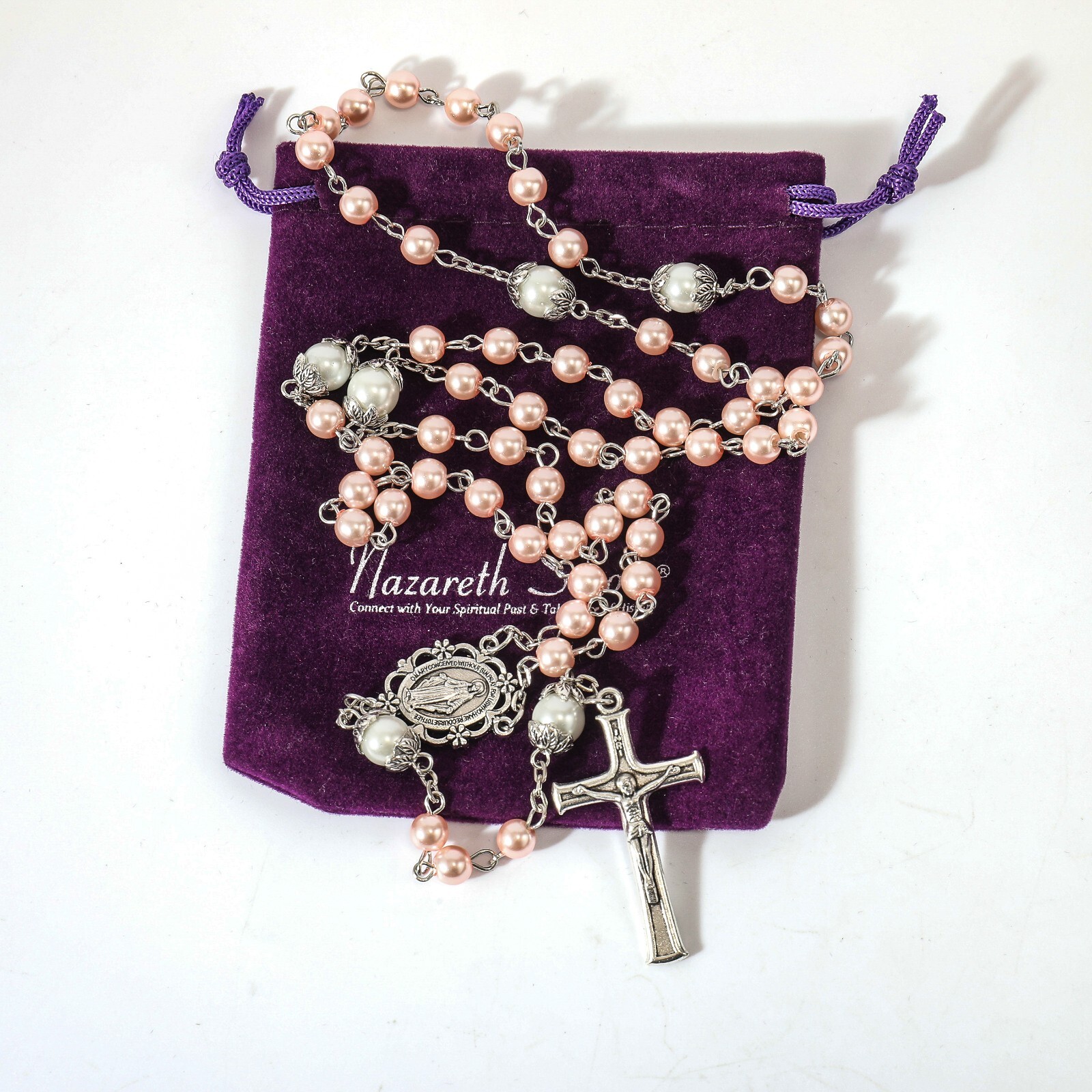 Pink Glass Pearl Beads Rosary White Our Father Beaded Necklace Lourdes Medal