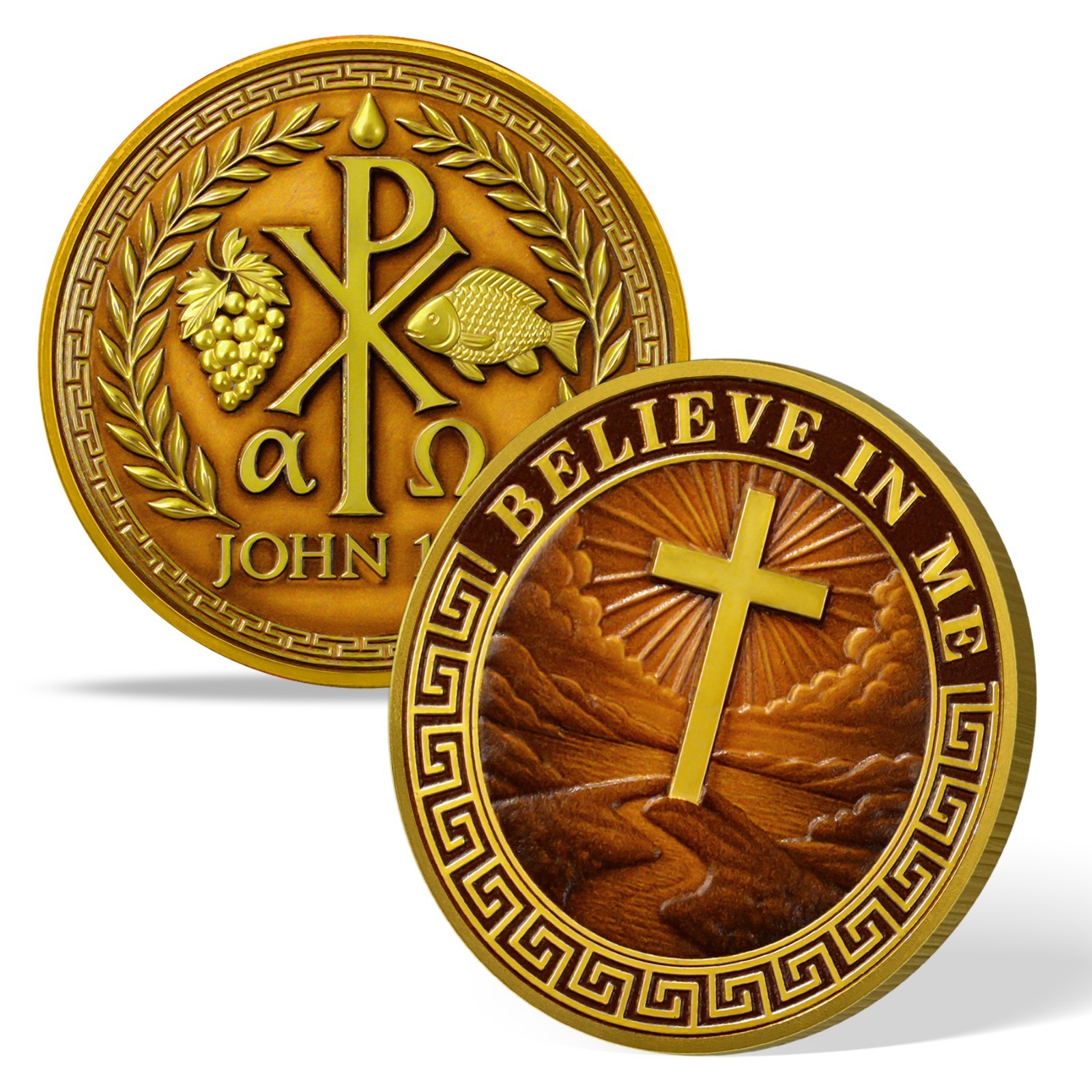 5pc Christian Challenge Coin – Chi Rho Alpha Omega John 14:1 Believe in Me Token