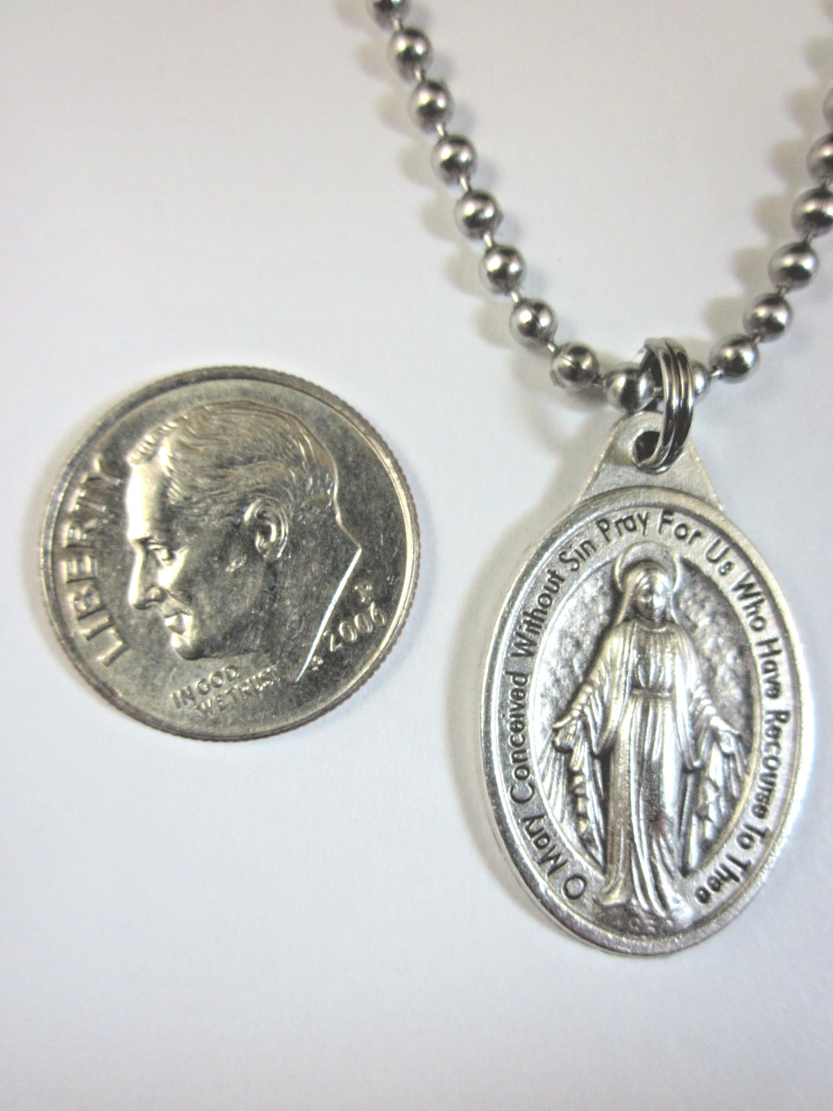 English Miraculous Medal 1″ Pendant Necklace 24″ Ball Chain Gift Box Prayer Card