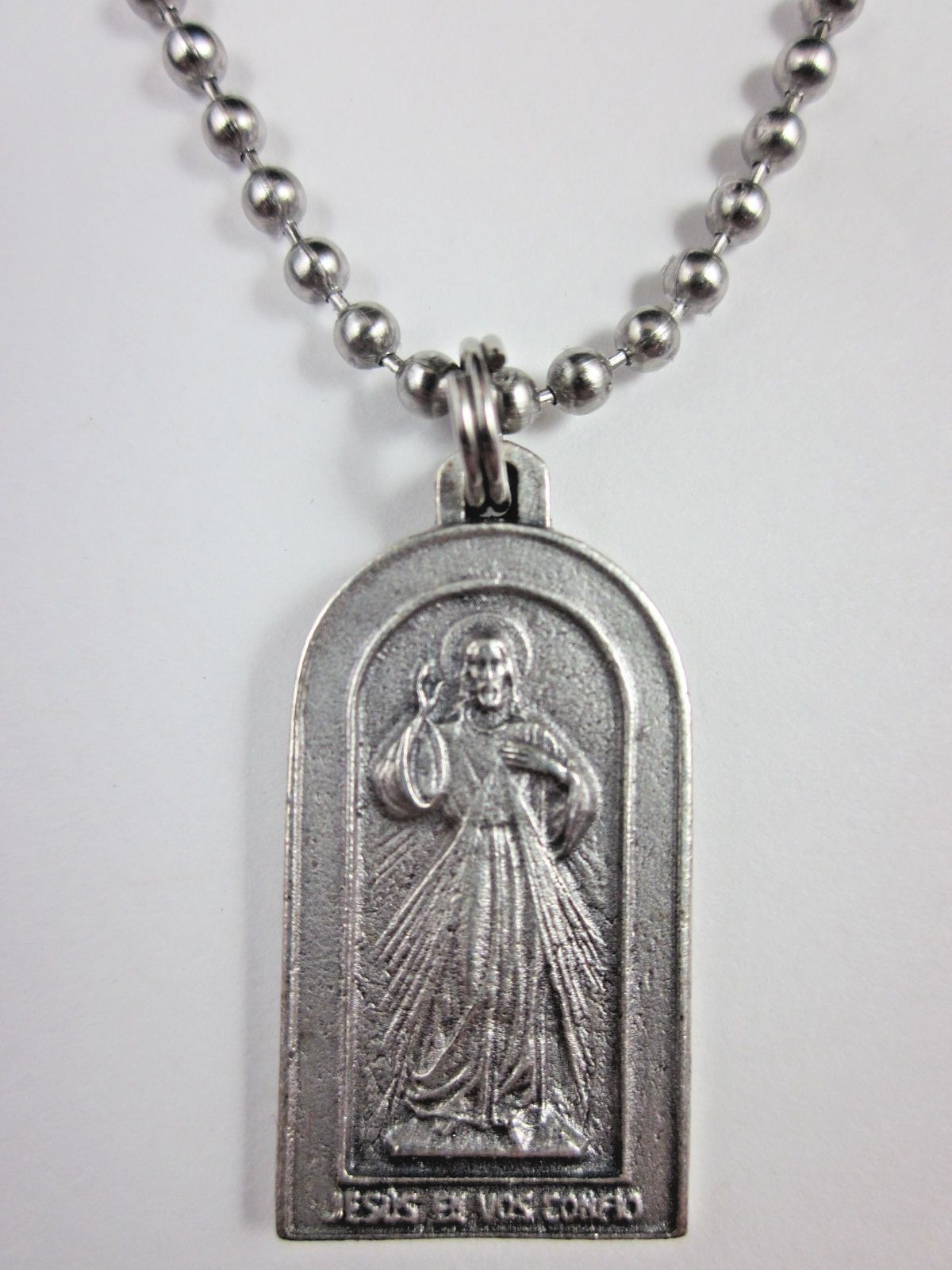 Arched Divine Mercy / St Faustina Medal Italy Pendant Necklace 24″ Ball Chain