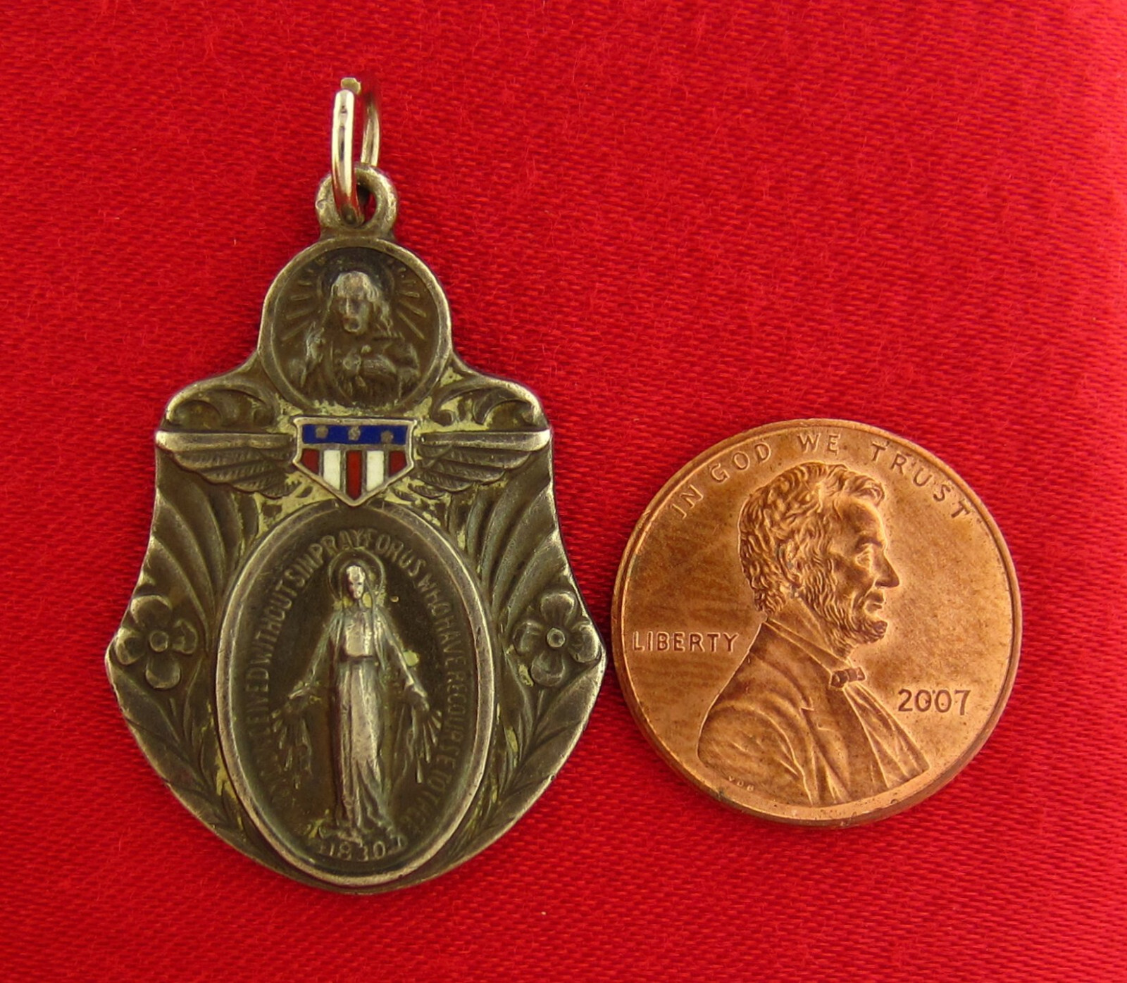 Vintage Sterling MARY Medal RED WHITE BLUE ENAMEL WINGS MIRACULOUS WWII Large