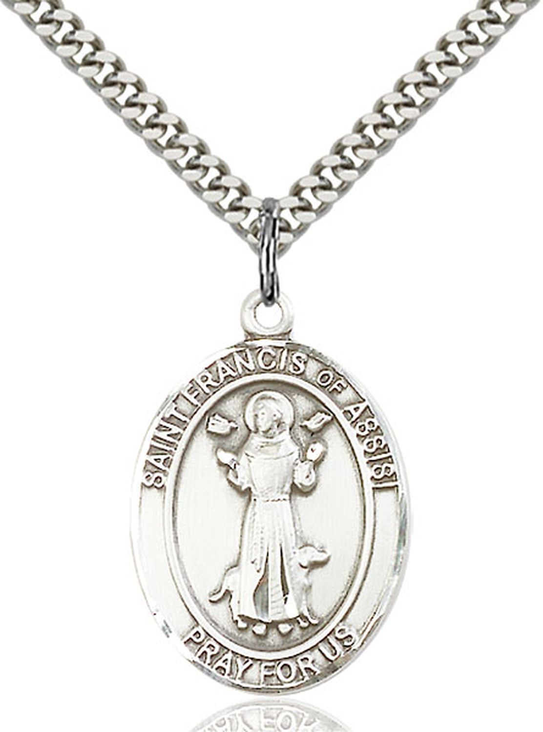 Sterling Silver St Francis of Assisi Medal Pendant Necklace 24” Prayer Card