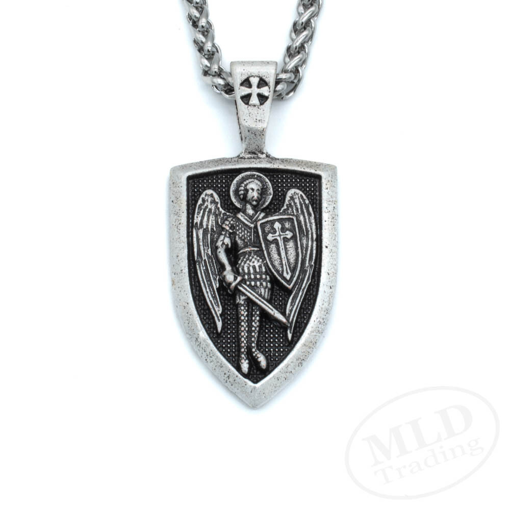 Saint St Michael Shield Medal Pendant Necklace, Silver Zinc Alloy, 24″ Chain